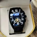 Luxury tonneau automatic mechanical watch for men featuring black dial and stylish leather strap. - Black Strap Black Case Black Face