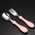 Stainless steel baby fork and spoon set, cute pink ergonomic handle toddler feeding cutlery. - Pink