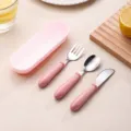 Pink stainless steel kids cutlery set with fork spoon and pink portable storage box variant. - Knife Fork Spoon Set / Pink