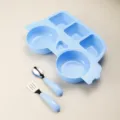 Blue silicone car-shaped baby divided feeding plate set with stainless steel spoon and fork. - Dinnerware Set / Blue Dinner Plate Set