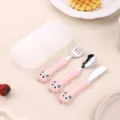 Stainless steel kids cutlery set with pink cartoon owl handles and portable storage case. - Three-Piece Set / Pink