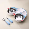 Set piatto pappa diviso a forma di auto in acciaio inox per bambini con cucchiaio e forchetta. - Set di Piatti Celeste
