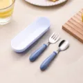 Stainless steel baby spoon and fork set with portable storage box in light blue color. - Fork and Spoon Set / Blue