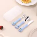 Kids stainless steel cutlery set, blue owl handle training fork spoon knife 4-piece set. - Three-Piece Set / Blue