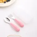 Stainless steel baby spoon and fork set with pink handle and portable storage case. - Fork and Spoon Combo / Pink