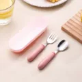 Stainless steel baby spoon and fork set with cute pink storage case for toddler feeding time. - Fork and Spoon Set / Pink