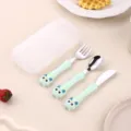 Kids stainless steel cutlery set with cute owl handle in light green and portable storage box. - Three-Piece Set / Green