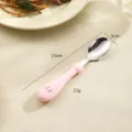 Pink stainless steel baby spoon with soft silicone handle, 15cm length, cute toddler tableware. - Pink Rabbit Spoon
