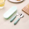 Kids stainless steel spoon fork set with portable storage box in light green color for baby feeding. - Fork and Spoon Set / Green
