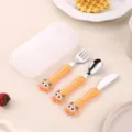 Set forchetta cucchiaio coltello bimbi in acciaio inox con custodia a tema gufo. - Set di 3 pezzi / Arancione