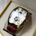 Men's Tonneau Automatic Mechanical Watch Skeleton Dial Brown Leather Strap Business Luxury Wristwatch - Brown Strap Gold Case Gold Dial