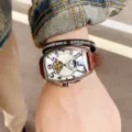 Men's tonneau automatic mechanical watch with brown leather strap and skeleton dial. - Brown Strap Silver Case White