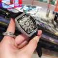 Men's diamond tonneau quartz watch with black leather strap, luxury fashion timepiece style. - Black Strap Silver Case