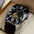 Luxury men's tonneau automatic mechanical watch with skeleton dial and leather strap. - Black Strap Silver Case Black Face