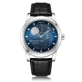 Men's quartz watch with black leather strap and blue starry dial, elegant stainless steel case. - Black Strap Silver Case Blue Dial