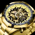 Gold skeleton automatic mechanical watch for men with stainless steel strap and tachymeter bezel. - Gold Steel Case with Black Dial
