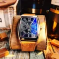Men's tonneau quartz watch with blue dial and leather strap, elegant business timepiece. - Brown Strap Rose Gold Case Black Face
