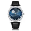 FENSIR men's quartz watch with starry dial, diamond bezel, and black leather strap. - Black Strap Blue Dial with Rhinestones