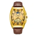 Men gold tonneau mechanical watch with brown leather strap automatic luxury wristwatch. - Brown Strap Gold Case Gold Dial