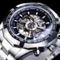 Men automatic mechanical skeleton watch stainless steel waterproof luxury sport wristwatch - Silver Steel Black Dial