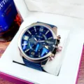 Fensir men's large dial quartz watch with blue face, rose gold case and leather strap. - Black Leather Rose Gold Black Dial