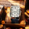 Men tonneau quartz watch with blue leather strap, white dial and classic numeric markers. - Black Strap Silver Case White Face