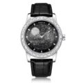 FENSIR mens starry sky quartz watch with diamond bezel, black leather strap, elegant design. - Black Strap Black Dial with Rhinestones