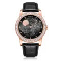 Men quartz watch with starry dial, rose gold bezel and black leather strap for daily wear. - Brown Strap Rose Gold Case with Rhinestones