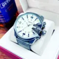 Men's oversized luminous waterproof calendar business quartz watch with stylish dial. - Gray Strap Silver Case White Dial