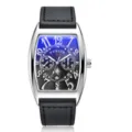 Men's tonneau quartz watch with black leather strap and gradient blue dial, stylish. - Black Strap Silver Case Black Face