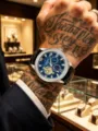 Luxury automatic mechanical watch for men with blue dial, diamond bezel and leather strap. - Black Leather Blue