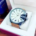 Men's oversized quartz watch with brown leather strap, luminous hands, and date display. - Brown Strap Silver Case White Face