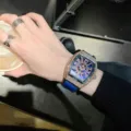 Luxury rhinestone tonneau quartz watch for men with blue leather strap fashion timepiece - Blue Strap & Rose Gold Case