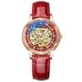 Elegant women's automatic mechanical watch with red leather strap and rhinestone bezel. - Flame Red