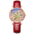 Elegant women's automatic mechanical watch with skeleton dial, rose gold case, and red leather strap. - Lovely Pink