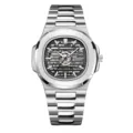Silver automatic mechanical watch for men skeleton dial stainless steel luxury style - Silver-Black