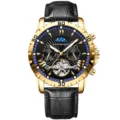 Men's automatic mechanical watch with luxury gold bezel black dial and stylish leather strap. - Black Leather Gold Case Black Dial