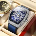 Luxury diamond tonneau quartz watch for men with blue dial and leather strap fashion style. - Blue Strap Silver Case