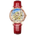 Women automatic mechanical watch rose gold case red leather strap crystal bezel skeleton dial - Elegant White