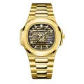 Gold automatic mechanical men's watch with skeleton dial and stainless steel strap. - Gold Black