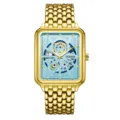 Herren Vintage quadratische Quarzuhr mit goldenem Armband und blauem Skelett Zifferblatt. - Blaues Zifferblatt
