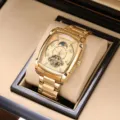 Gold tonneau mechanical watch for men, skeleton dial automatic wristwatch with metal bracelet. - Gold Strap Gold Case Gold Dial
