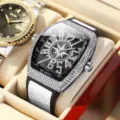 Full-diamond tonneau quartz watch for men, luxury style wristwatch with white strap. - Gray Strap Silver Case