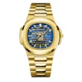 Men's gold automatic mechanical watch with skeleton dial stainless steel luxury wristwatch. - Gold Blue