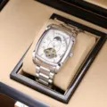 Mens automatic mechanical watch square skeleton stainless steel luxury wrist watch for men - Silver Stainless Steel Band & Silver Case with White Dial