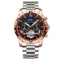 Men's automatic mechanical watch stainless steel two tone strap luxury moon phase wristwatch - Two-Tone Band Rose Gold Case Black Dial