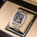 Men's Automatic Mechanical Watch Square Skeleton Dial Stainless Steel Strap Luxury Wristwatch - Silver Stainless Steel Band & Silver Case with Black Dial