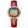 Elegant women mechanical watch with hollow dial, rhinestone bezel and red leather strap. - Steady Black