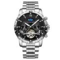 Men's automatic mechanical watch with stainless steel strap, black dial and moon phase. - Silver Band Silver Case Black Dial