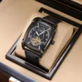 Luxury square mechanical watch for men with skeleton dial, automatic movement and leather strap. - Black Strap Black Case Black Face